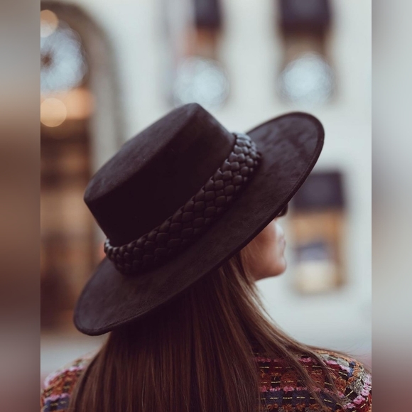 Chocolate Boho Chic Suede Hat with braided trim - Picture 6 of 6